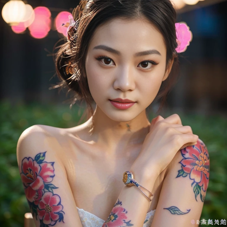 a close up of a woman with a flower tattoo on her arm, of taiwanese girl with tattoos, Chinese style, Asian girl with very large breasts measuring 36 inches, Chinese girl, Gorgeous Chinese model, with facial tattoo, Inspired by Xie Huan, oriental tattoos, floral tattoos, Hungry Ghost Festival, Season Wu, beautiful asian girl, tattoo, By Yang J, temporary tattoo, Inspiration from Wen Jia