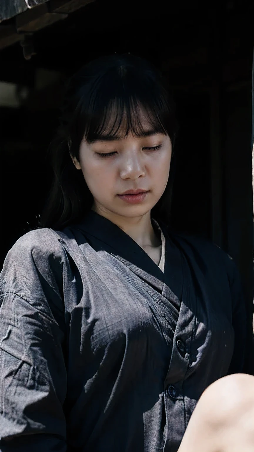 (8K)、(highest quality: 1.2)、(Real)、(Real: 1.4)、Ultra-high resolution、horror film、Dark world、Japan Edo Period、Japan in the 1700s、An in a kimono lying face-up on the ground、close her eyes, 24-year-old daughter in pain、It gets dark like a storm is about to break out、A scene sleeping with close her eyes, her body perfect