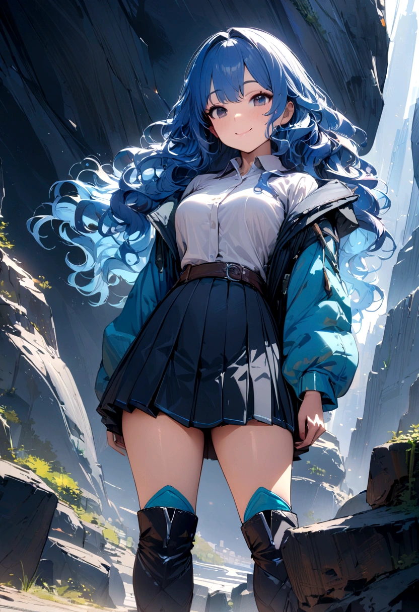 masterpiece, best quality, ultra-detailed, finely detail, perfect anatomy, 4k, one woman, Blue hair, medium wavy hair, friendly, cute smile, kind smile, rock fashion, pleated skirt, long boots