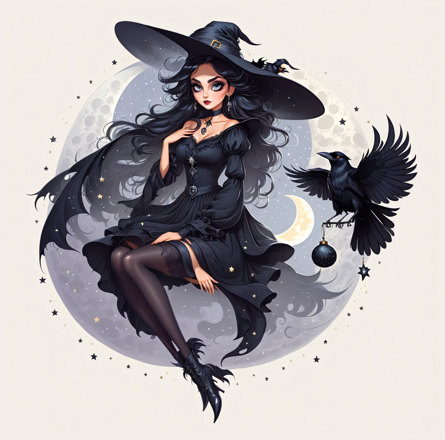 ((best quality)), ((masterpiece)), (detailed), 2d flat illustration, a drawing, a very beautiful witch with big beautiful eyes, very detailed face, she wears a big black witch’s hat, a black crow is nears her, moon and stars are behind her, no background