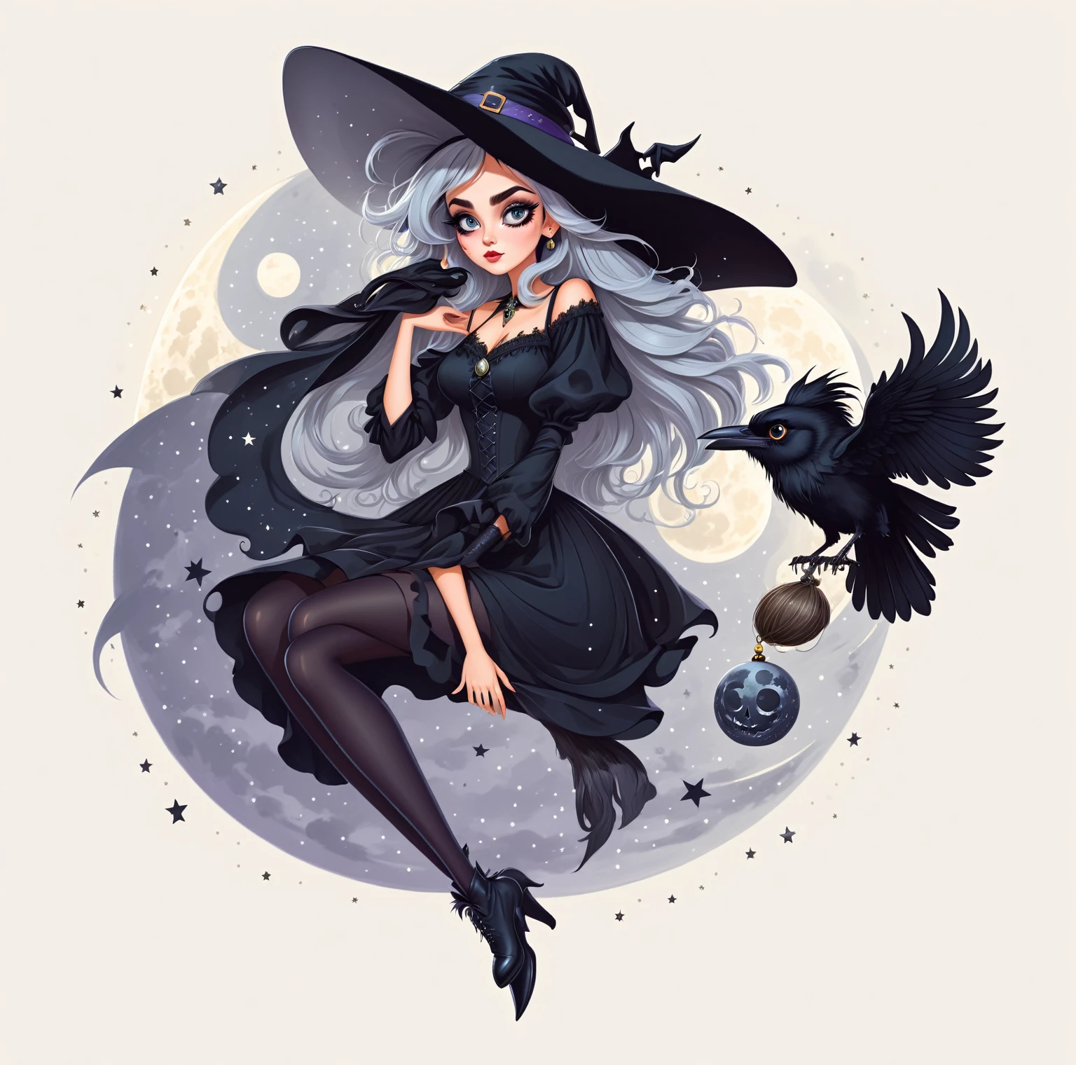 ((best quality)), ((masterpiece)), (detailed), 2d flat illustration, a drawing, a very beautiful witch with big beautiful eyes, very detailed face, she wears a big black witch’s hat, a black crow is nears her, moon and stars are behind her, no background