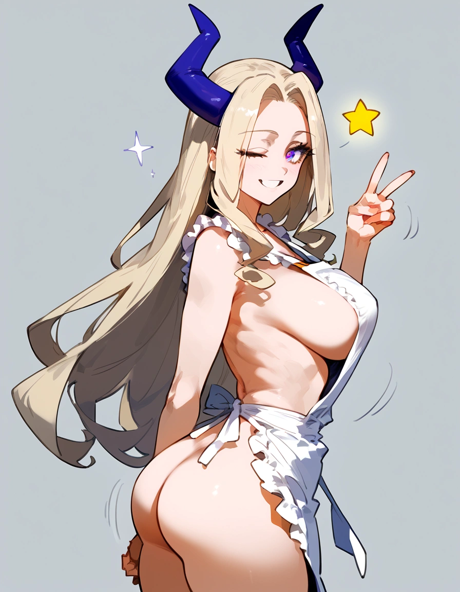 anime artwork, score_9, score_8_up, score_7_up, score_6_up, score_5_up, score_4_up, Mount Lady, blonde hair, purple eyes, big breasts, she is 24 years old, style_3, , , , grey background, apron, naked, side , ass, V, solo, smile, arched back, stars, wink, motion lines