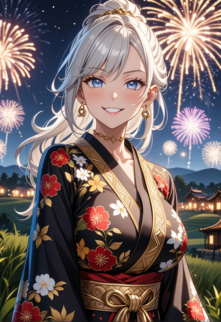 ((One personの女性)), Beautiful Face, (Laughing embarrassedly), ((smirk:1.2)), ((Wink:1.3)), (head tilt:1.3), upper teeth, looking at viewer, ((full-face brash:1.5)), ((Big Breasts:1.3)), Night view,Countryside landscape, firework, Glossy Red Lips, (Shining Face), ((Anime style background)),masterpiece, Highest quality, so beautiful,up to date, Complex details, (Pink long nails), (nail art), (ring),(bracelet),(Floral choker), (gold helix piercing:1.7), AI-generated, Complex,High resolution, Highest quality, super high quality,3D Images、3D Images,One person,Long white hair,High Ponytail, Anime woman posing for a photo, ((silver eyes:1.5)), ((Fine grain、blue eyes、Shining Eyes:1.4)), (Squint your eyes:1.1),a hyperRealistic , hyperRealistic , Realistic,Anime woman with long white hair, Smooth anime CG art, (A woman in a colorful kimono with gold embroidery), ((Black long sleeve kimono:1.3)), Red floral pattern,Long flower hair ornament,Earrings,Mature Body,Tall,Abdominal muscles,Tight waist, ((Zoom in on face:1.6)), (front view:1.3),
