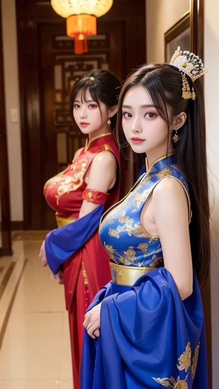 (((Two Chinese beauties)))、((Standing side by side))、((Angle of view from the side))、((Look this way))、((The beautiful woman on the right is wearing a bright red outfit))、(((The beauty on the left is wearing a royal blue outfit.)))、((Two beautiful women in different colored costumes))、21 years old、(Very heavy makeup:1.2)、(Slanted Eyes:1.3)、(long narrow eyes:1.3)、Shiny Hair、Glowing Skin、Very white skin、Jet Black Hair、Straight long hairstyle、Big eyes、Double eyelids、Luxury Chinese palace、(Standing in the palace corridor)、(Golden luxurious hair ornament)、(Patterned costume of a Chinese queen)、Luxurious and gorgeous、(huge breast:1.3)、(Exposed Skin:1.4)、(Smile with your mouth closed)、((Angle of view from chest up))、((right side girl brilliant red))、((left side girl royal blue))