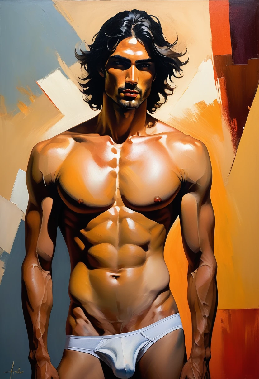 Sensual illustration of an Arav man in white underwear in chiaroscuro, sexy masculine, Diego Fazio, Male model, author：Ludovite Fura, Model with charming figure, inspired author：Lute Fula, Medium shot of a handsome guy, Model wearing flowing, Heavy oil paintings by Harumi Hironaka, extremely soft colors, energetic, Very detailed, Malcolm Lipke painting, Oil on canvas, High contrast, Dramatic, refined, tone, A heavy texture oil painting, Thick brushwork, dry brushing,Expose the bottom layer, abstract landscape, Moody's Lighting, Dramatic shadows, Soft earthy colors, energetic colors, Very detailed, masterpiece,