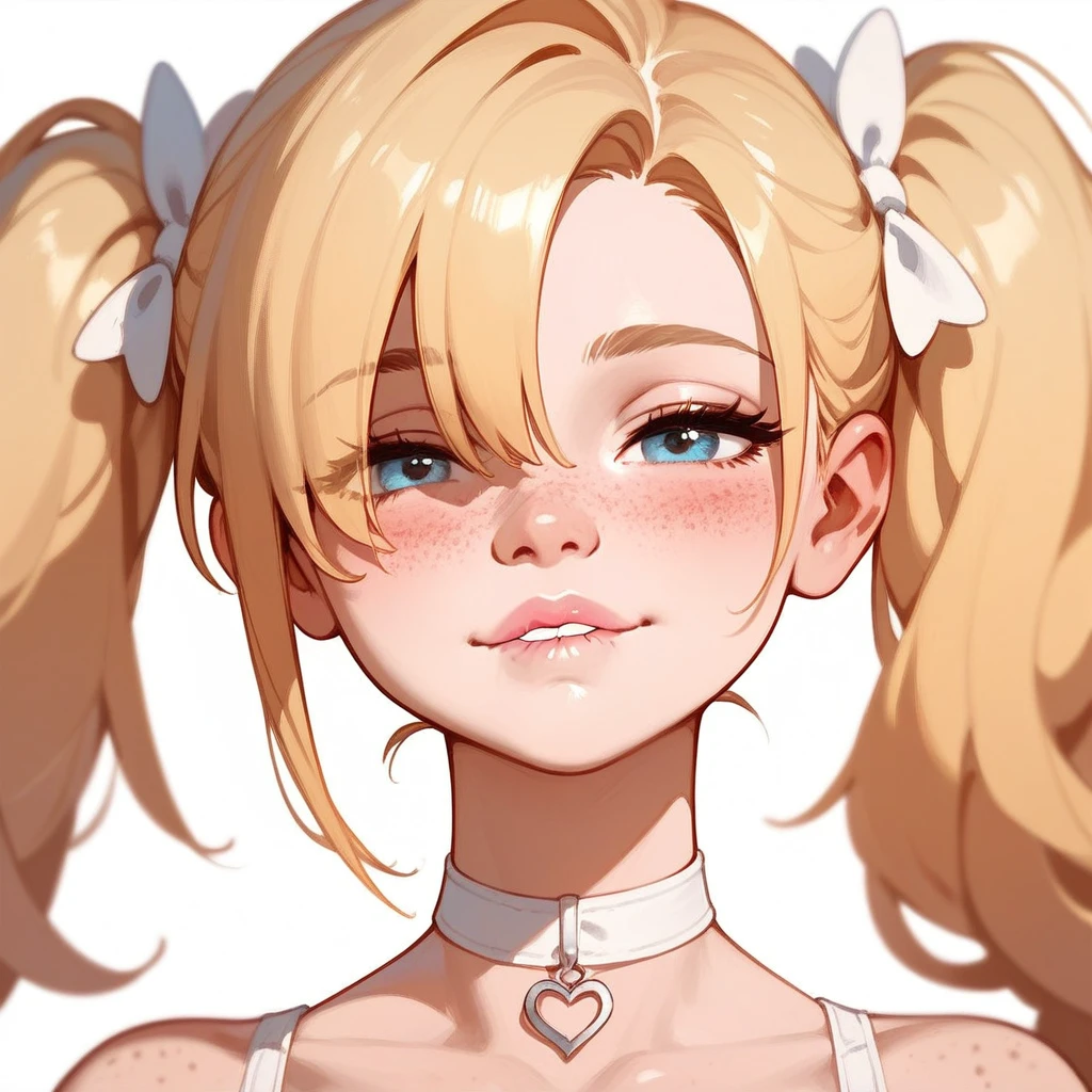 score_9,score_8_up,score_7_up,score_6_up,score_5_up,score_4_up,
1girl, pretty girl, blonde hair, in twintails, hair over 1 eye, cute nose. biting lip, seductive, white choker, pink lips, freckles, blushing 
 
