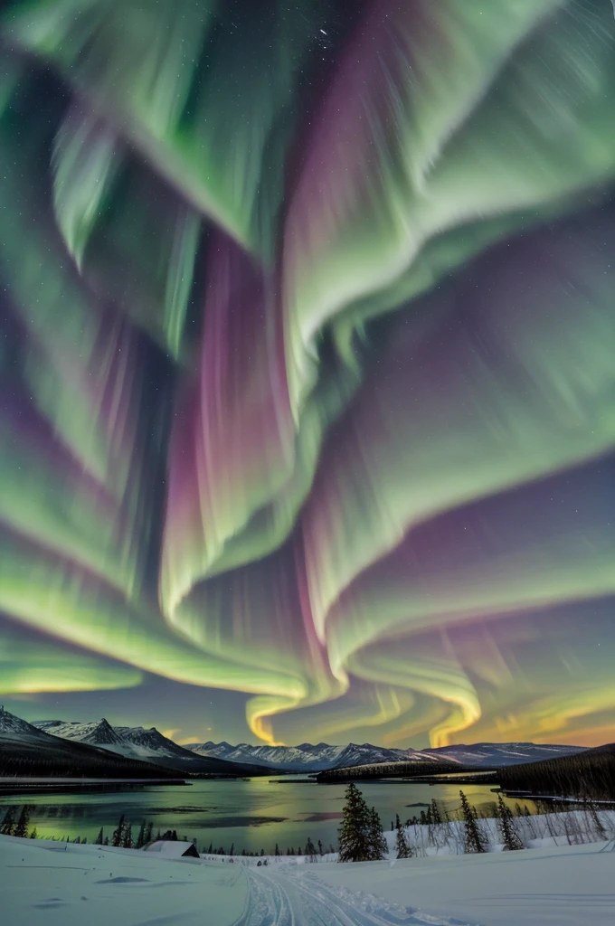 "A breathtaking view of the Northern Lights (Aurora Borealis) in a clear night sky, with vibrant green,