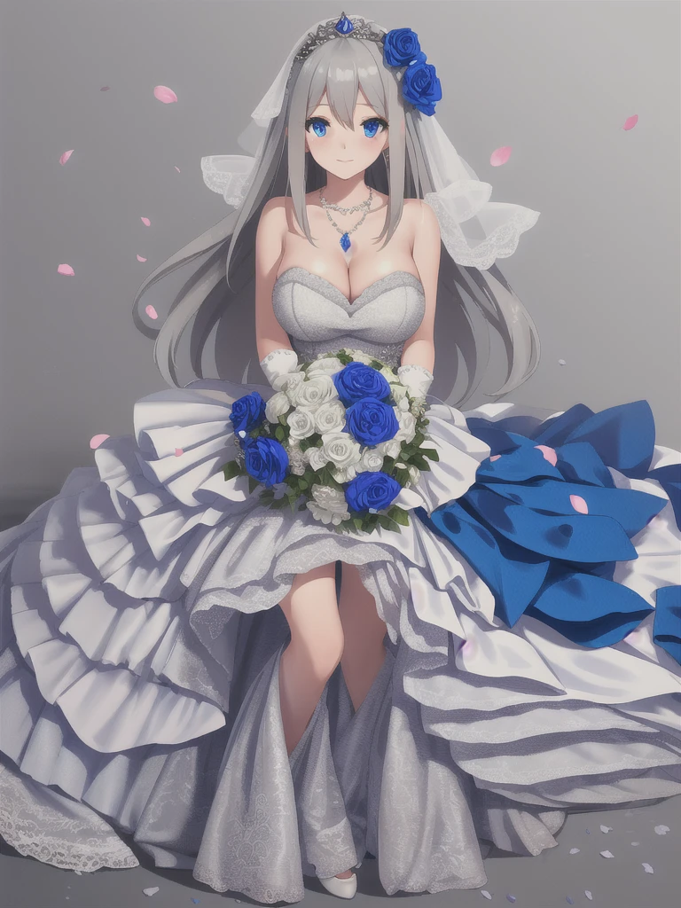 (((Best quality))),((Ultra-detailed)),((illustration)),((Disheveled hair)),((frilld)),(1 girl),(Solo),1girl,
1girl,
blue bow,
blue eyes,
blue flower,
blue ribbon,
blue rose,
bouquet,
breasts,
dress,
flower,
gradient,
gradient background,
grey background,
jewelry,
long hair,
necklace,
petals,
rose,
solo,
veil,
wedding dress,
white dress,
lexington \(warship girls r\),
gray hair,
long dress,
full body,