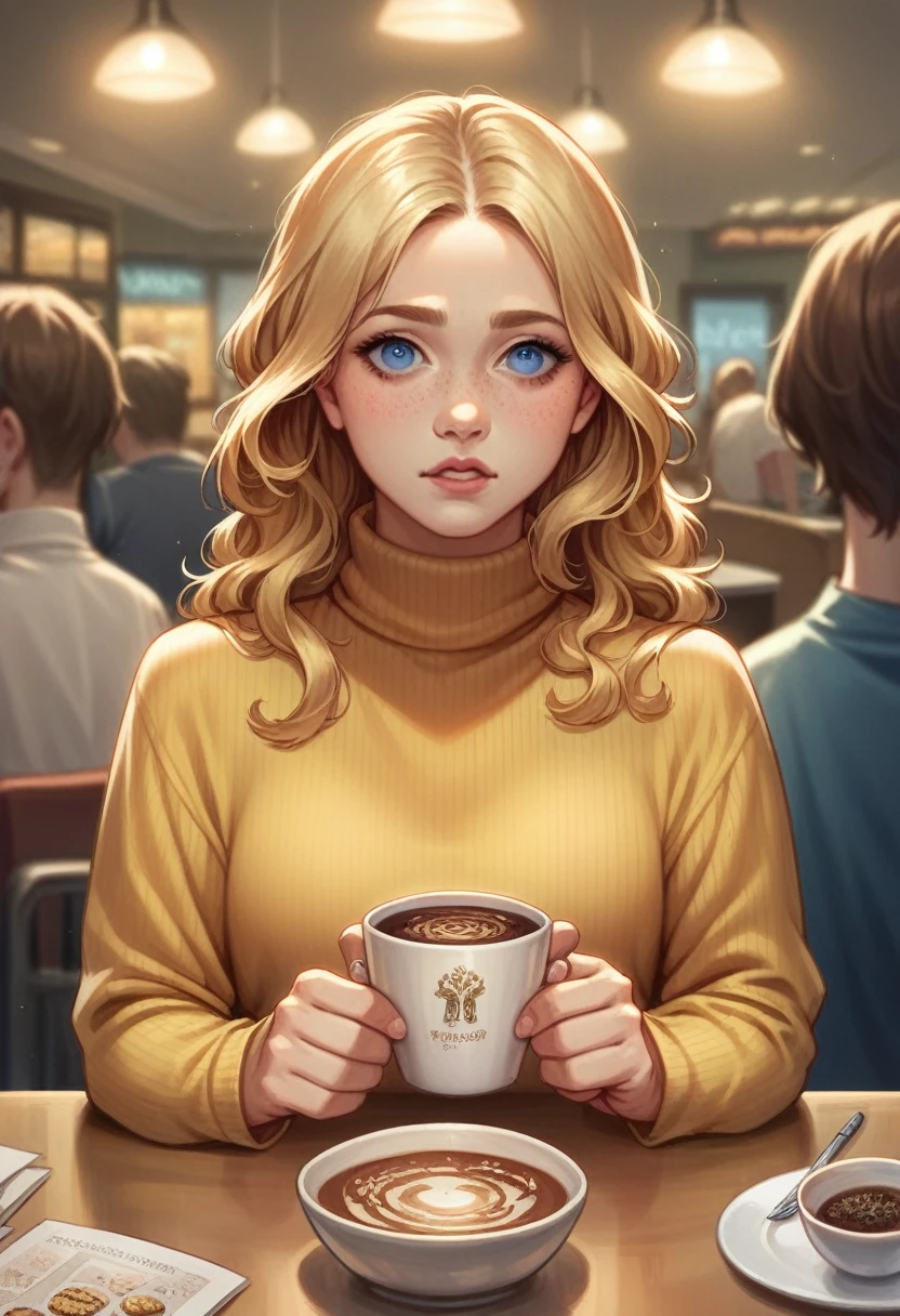 rubio, Golden locks hair, detailed freckles, Blue eyes, very thin, very short, naked in the cafeteria of a five-star hotel, Cappuccino, yellow turtleneck, the picture, Hyper-detailed realistic photo
