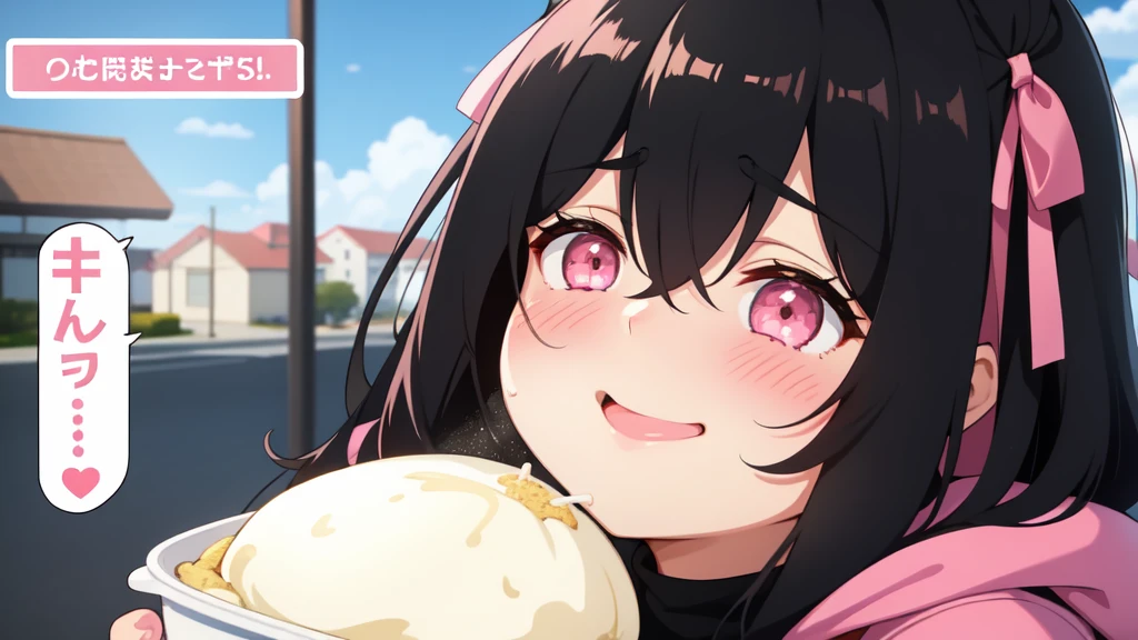 One girl,Black Hair,Pink eyes,(blush:1.1)、Shy open-mouthed face、 ((Heavy breathing:1.3)), like, smile、Big Breasts、whole body,I'm eating ice cream,Pretty sexy pose