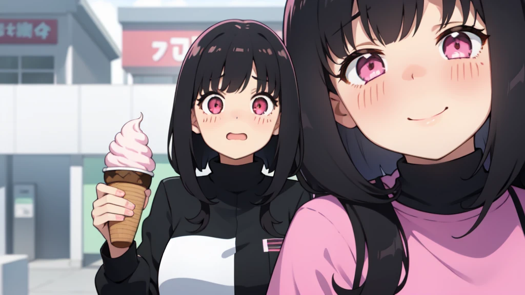 One girl,Black Hair,Pink eyes,(blush:1.1)、Shy open-mouthed face、 ((Heavy breathing:1.3)), like, smile、Big Breasts、whole body,I'm eating ice cream,Pretty sexy pose
