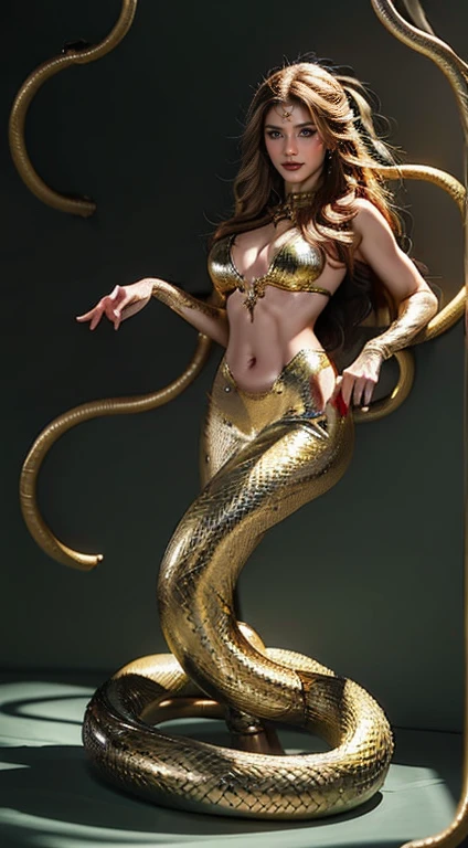 Best quality at best，A high resolution Medusa:1.3 Snake hair, medusa head, naked breasts, Elongated snake tail:1.3，very beautiful, Sensual, enchanting, big chest and thin waist, Red long-haired, sharp black eyes, Redlip， (correct hand)，（（snake scale body）），Full body photo，The lighting is dim (Olvik |)，ultraclear，8K