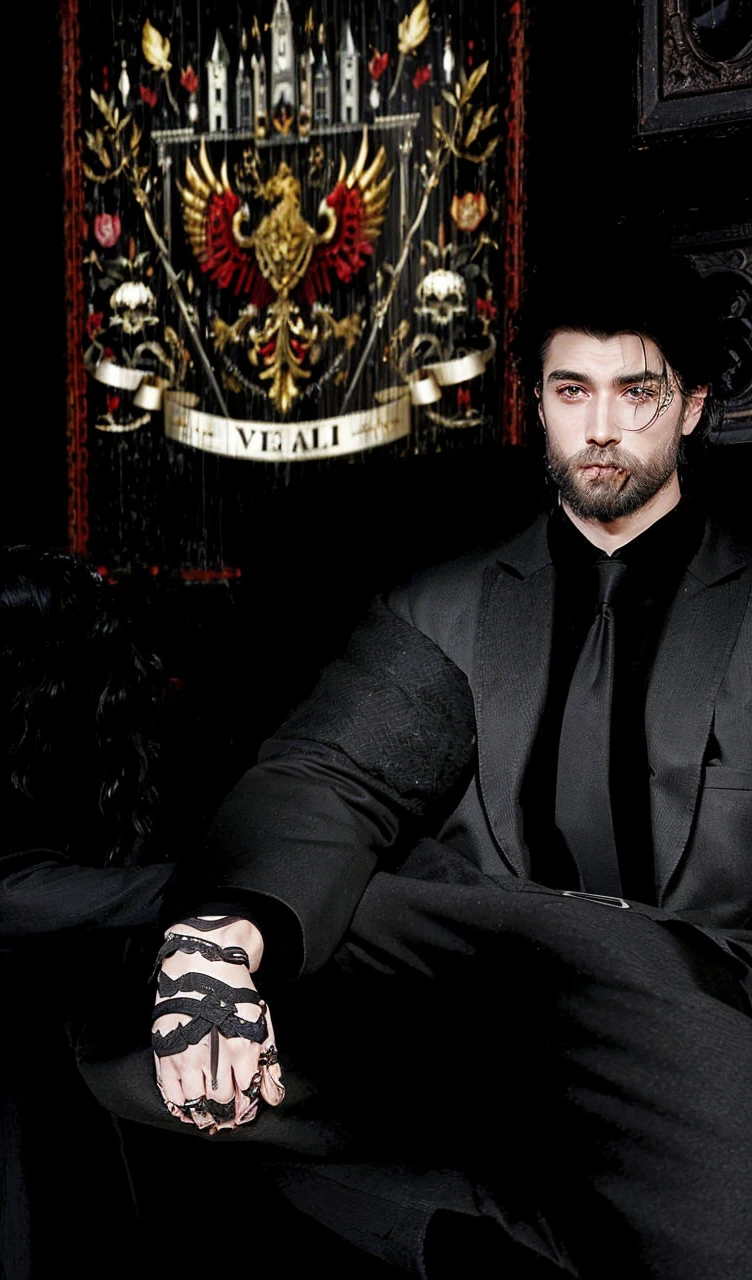 Create an artwork of a black-walled Victorian castle and a hall adorned with beautiful furniture, In the middle of the room there is a couple dancing, the man is wearing black clothing characteristic of the time, his long medium hair and his beard black as night reveal the maturity of the man, the woman also in period clothes, your black skin is bathed in the light of the place, long hair flies with the dance movement 