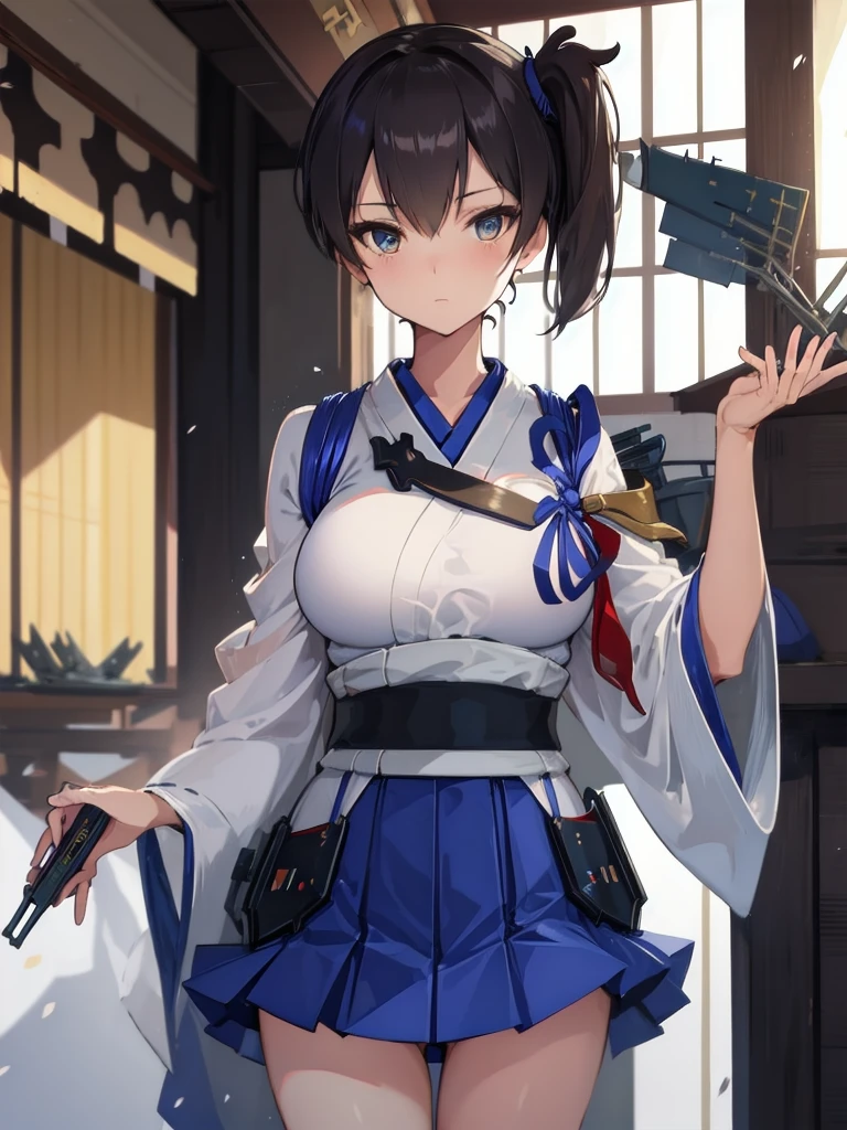 Kaga(Fleet Collection),highest quality, masterpiece, High resolution,kimono,blue skirt,side ponytail,big_breasts,