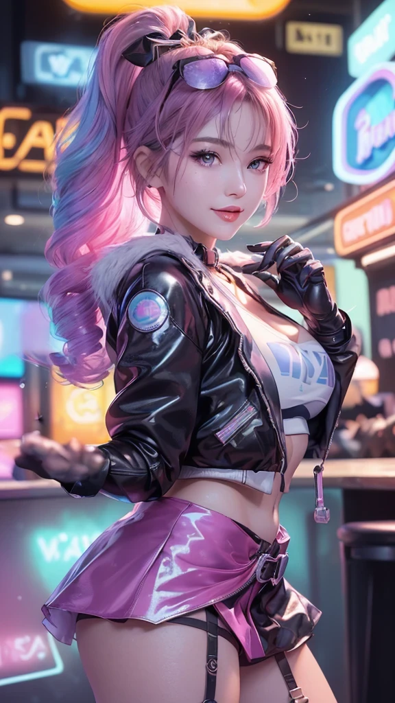 Full body female love, 2 Slime Girls, Change, Back to Back, Eye-focused exquisite light, Pink lens flare, background, rich and colorful, Extremely detailed, High Dynamic Range, Extremely detailed eyes, Mature, Plum, (Supermodel:1.3), (Bioluminescent hair: 1.1), (Glowing eyes), (cosmetic, Strong, The brilliant colors are definitely eye-catching, Dynamic Angle, Beautiful details shine, light,Ray Traced Reflections, Retro Style, Life Arcade Characters, Arcade style world, Gloves, jacket, miniskirt, Large Breasts、Smile、(sleeveless、Navel exposed),long riding bootlack Gloves, black jacket, Drilling hair, miniskirt, Head mirror, (Cute face:1.3),