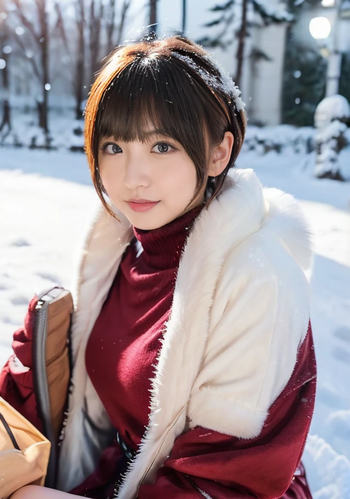 Photo from the waist up、Night city illumination shot、Cowgirl Shot、Fur coat、豪華なグレーのミンクのFur coat、Wear fine leather boots、Luxury Bags、Inner turtleneck、Silver necklace and small silver earrings Millionaire style:1.4））、Full body photo、smile、 Caustics、Highly detailed photos、Very beautiful woman 、Ample breasts、No makeup、(8K、RAW Photos、Highest quality、masterpiece:1.2)、(Realistic、Realistic)、1 Girl、((Medium Short Hair、Midwinter、Cold region Snow falling、The wind is blowing、Fluttering Hair、Blur the background、Colorful illuminations、Looking into the camera:1.4))、
