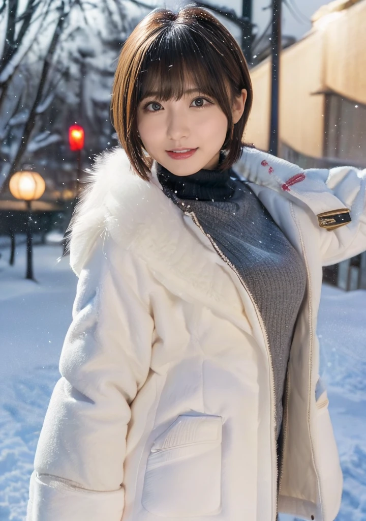 Photo from the waist up、Night city illumination shot、Cowgirl Shot、Fur coat、豪華なグレーのミンクのFur coat、Wear fine leather boots、Luxury Bags、Inner turtleneck、Silver necklace and small silver earrings Millionaire style:1.4））、Full body photo、smile、 Caustics、Highly detailed photos、Very beautiful woman 、Ample breasts、No makeup、(8K、RAW Photos、Highest quality、masterpiece:1.2)、(Realistic、Realistic)、1 Girl、((Medium Short Hair、Midwinter、Cold region Snow falling、The wind is blowing、Fluttering Hair、Blur the background、Colorful illuminations、Looking into the camera:1.4))、
