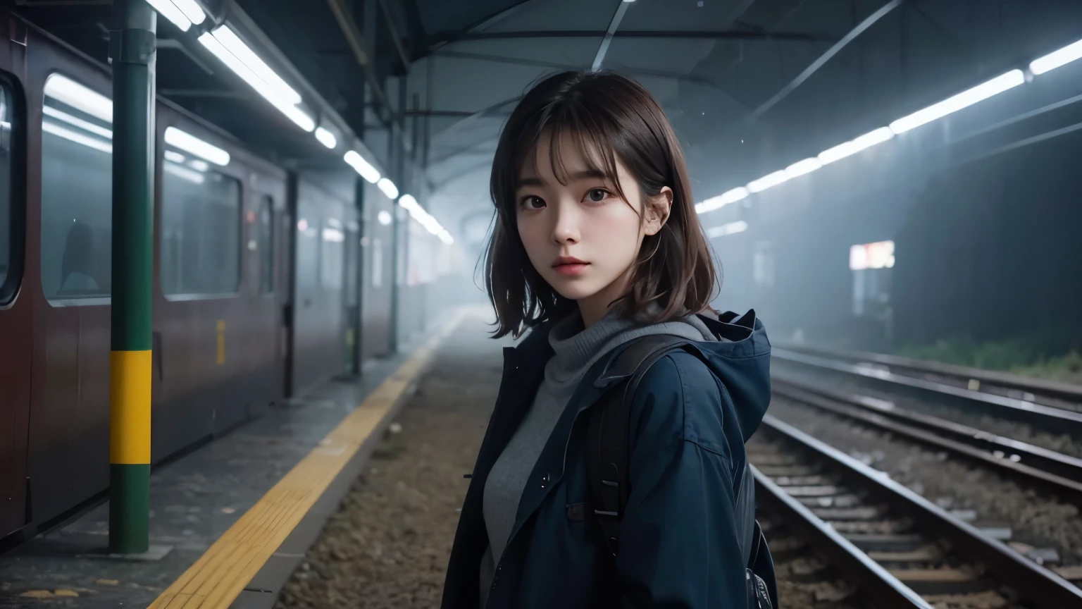 there is a woman standing in a train station with a backpack, soft portrait shot 8 k, mysterious girl, anime style mixed with fujifilm, movie still 8 k, 8k artgerm bokeh, 🤤 girl portrait, from 8 k matte, korean girl, portrait of a japanese teen, anime. soft lighting, taken with canon eos 5 d mark iv