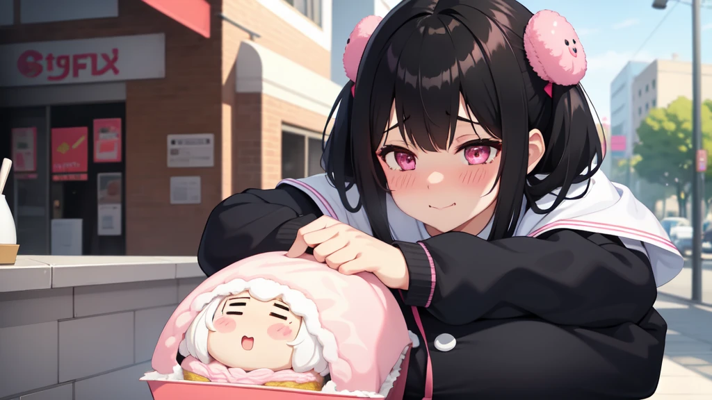 One girl,Black Hair,Pink eyes,(blush:1.1)、Embarrassed face、 ((Heavy breathing:1.3)), like, smile、Big Breasts、whole body,I'm eating ice cream,Sexy pose