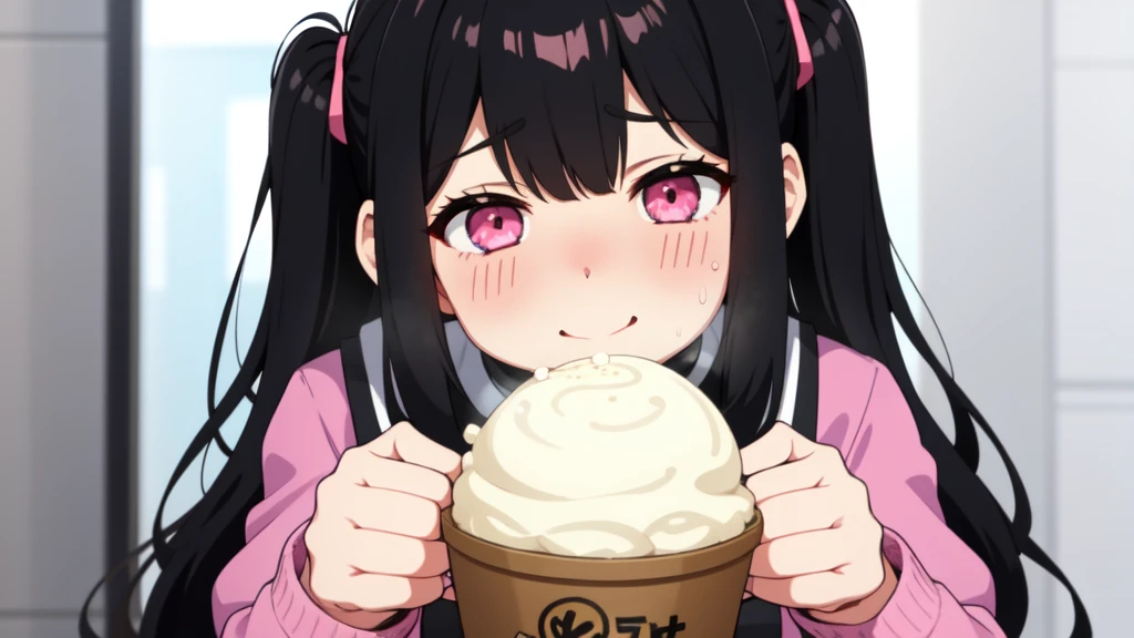 One girl,Black Hair,Pink eyes,(blush:1.1)、Shy open-mouthed face、 ((Heavy breathing:1.3)), like, smile、Big Breasts、whole body,I'm eating ice cream,Pretty sexy pose