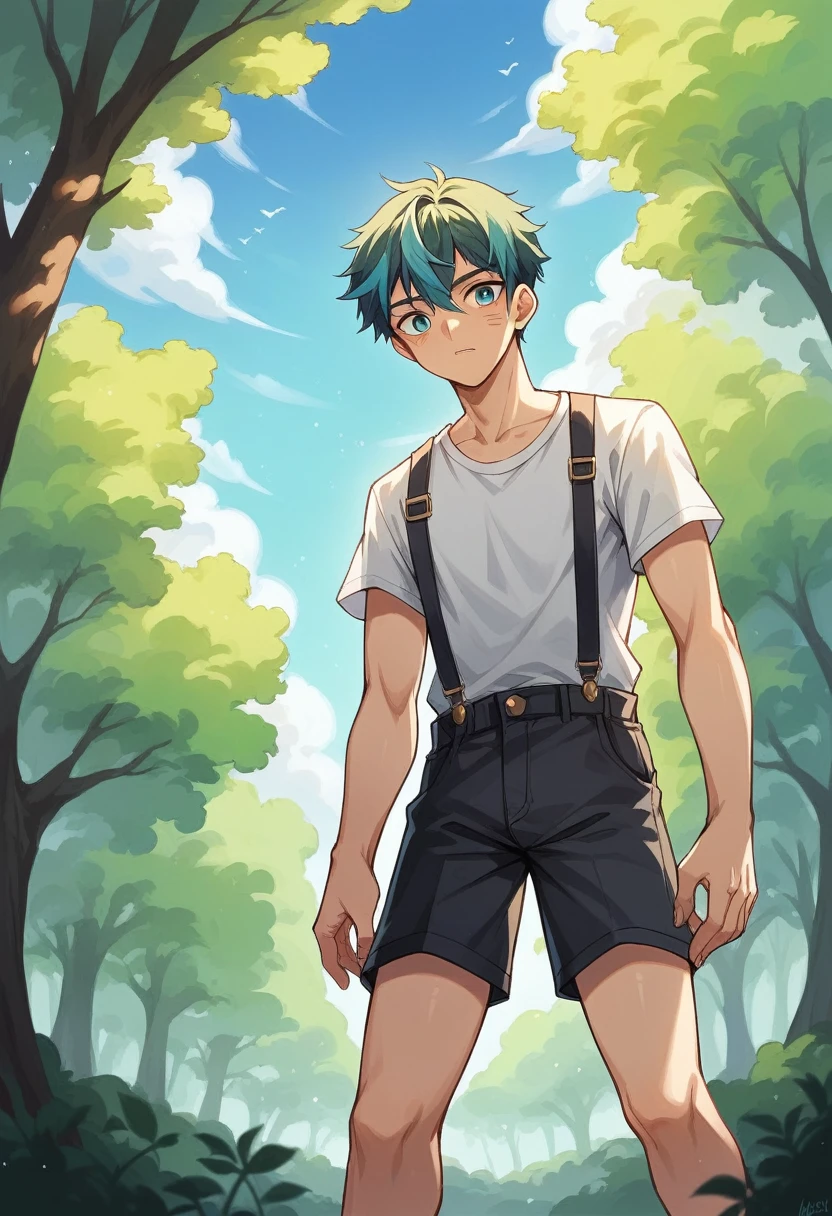 A 12-year-old Japanese boy stands under the bright sunlight, surrounded by green trees and a clear blue sky. He is wearing a light-colored button-down shirt with suspenders and knee-length shorts. His neat hairstyle with a side part highlights his focused yet innocent expression. The natural sunlight illuminates his face, casting soft shadows. The camera captures a level, straight-on portrait, blending the art of cinema with the vividness of nature in the background. --style raw --ar 16:9 --v 6.0
