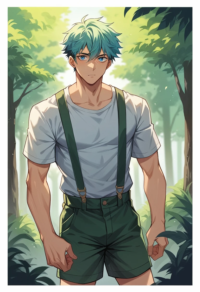 A -yeld Jaese boy stands under the bright sunlight, surrounded by green trees and a clear blue sky. He is wearing a light-colored button-down shirt with suspenders and knee-length shorts. His neat hairstyle with a side part highlights his focused yet innocent expression. The natural sunlight illuminates his face, casting soft shadows. The camera captures a level, straight-on portrait, blending the art of cinema with the vividness of nature in the background. --style raw --ar 16:9 --v 6.0