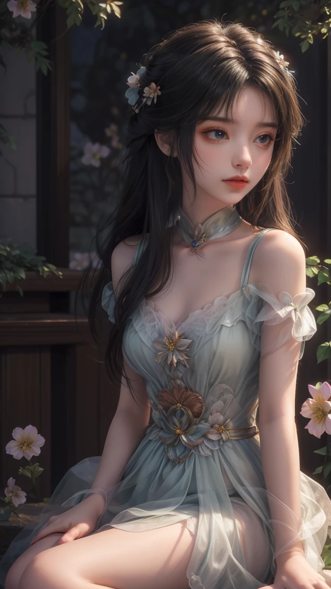 1girl, girl with long brown hair, smiling, cheerful, girl is sitting among a wide expanse of flowers, surrounded by beautiful flowers, Calm and peaceful atmosphere, night, moonlight , Beautiful glowing butterflies surround the girl lighting up the darkness of the night, magic,Romantic, the night breeze blows the Sepoi Sepoi girl's hair,
