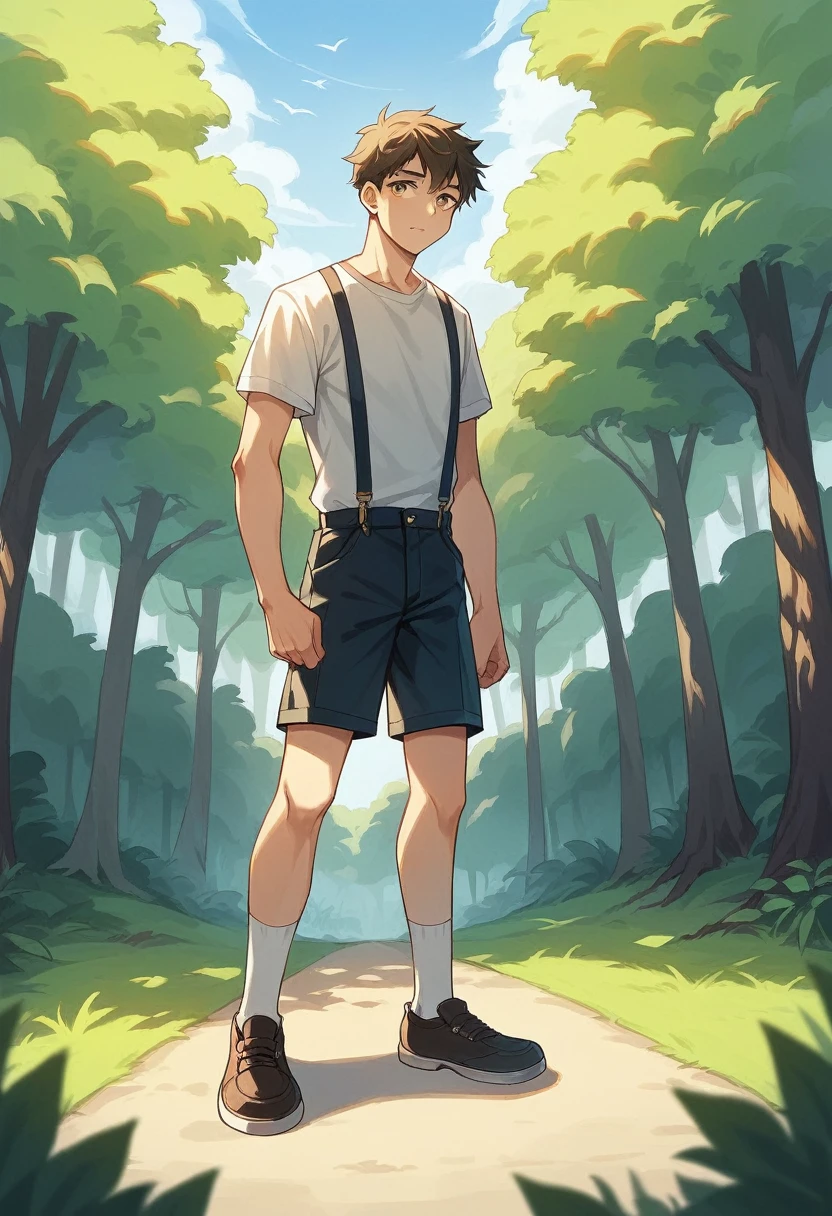 In a cinematic outdoor photo shoot, a -yeld Jaese boy stands under the bright sunlight, wearing vintage clothing: a light button-down shirt, suspenders, and knee-length shorts. His neat hairstyle with a side part and focused, innocent expression are highlighted by the sunlight. Surrounded by green trees and a clear blue sky, the natural light casts soft shadows on his face. The camera angle is level with his face, capturing a timeless portrait that blends the art of cinema with nature's vividness. --style raw --ar 16:9 --v 6.0