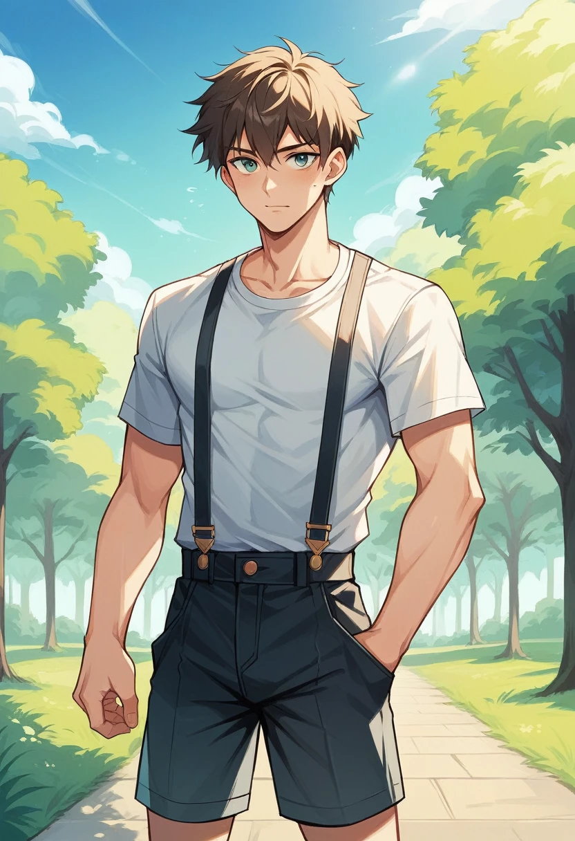 In a cinematic outdoor photo shoot, a 12-year-old Japanese boy stands under the bright sunlight, wearing vintage clothing: a light button-down shirt, suspenders, and knee-length shorts. His neat hairstyle with a side part and focused, innocent expression are highlighted by the sunlight. Surrounded by green trees and a clear blue sky, the natural light casts soft shadows on his face. The camera angle is level with his face, capturing a timeless portrait that blends the art of cinema with nature's vividness. --style raw --ar 16:9 --v 6.0