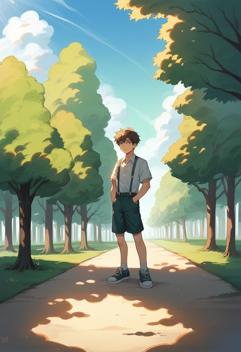 In a cinematic outdoor photo shoot, a 12-year-old Japanese boy stands under the bright sunlight, wearing vintage clothing: a light button-down shirt, suspenders, and knee-length shorts. His neat hairstyle with a side part and focused, innocent expression are highlighted by the sunlight. Surrounded by green trees and a clear blue sky, the natural light casts soft shadows on his face. The camera angle is level with his face, capturing a timeless portrait that blends the art of cinema with nature's vividness. --style raw --ar 16:9 --v 6.0