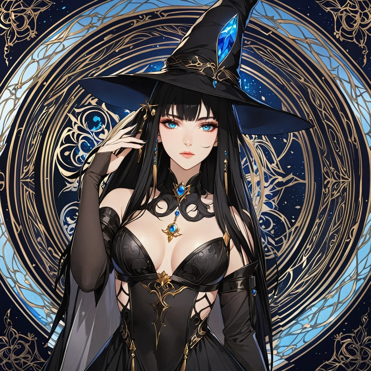 masterpiece, best quality, 1woman adult, female focus, solo, black hair, vibrant blue eyes, long hair, looking at viewer, closed mouth, bangs, Fantasy aesthetics, Highly detailed, shadowverse style, black attire, sorceress
