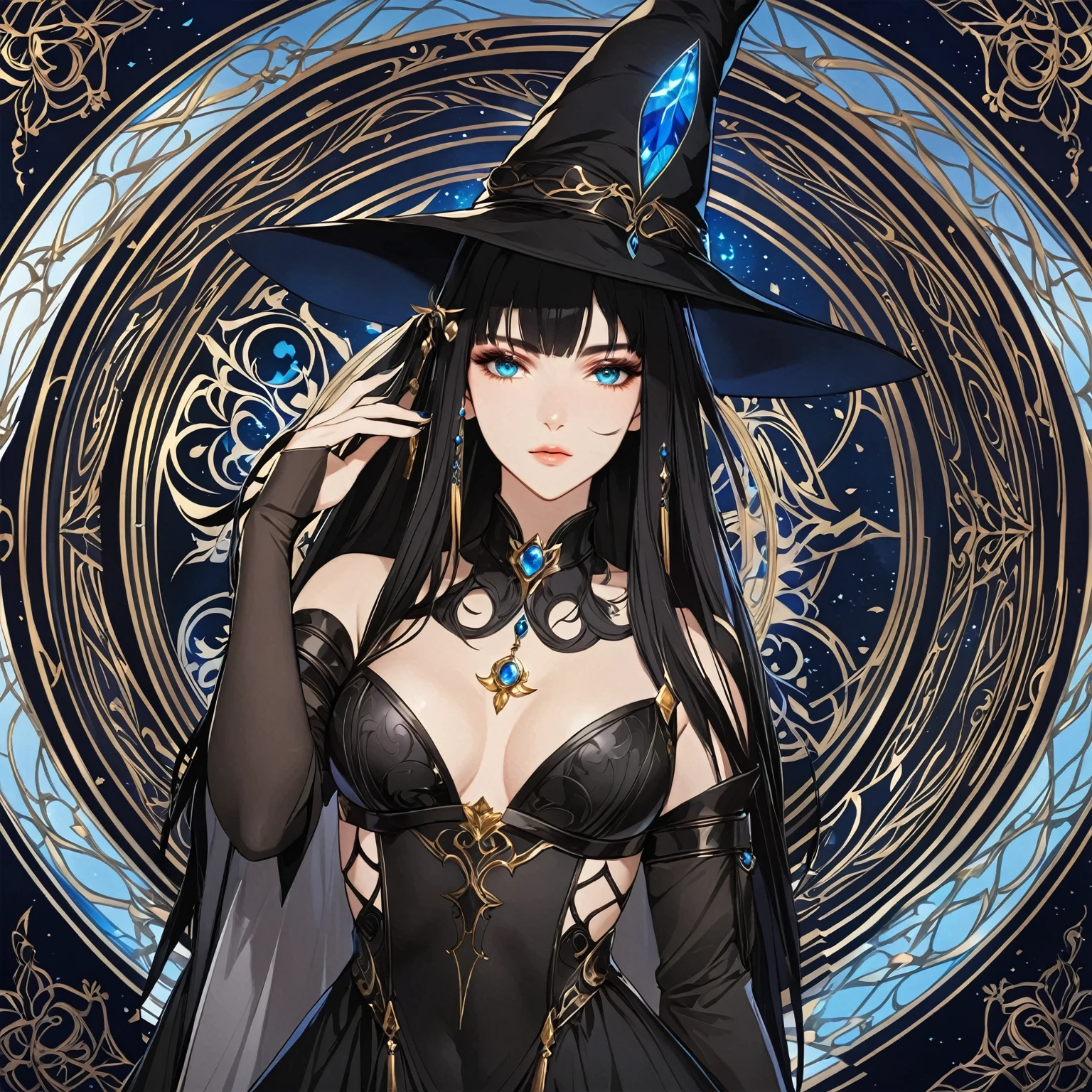 masterpiece, best quality, 1woman adult, female focus, solo, black hair, vibrant blue eyes, long hair, looking at viewer, closed mouth, bangs, Fantasy aesthetics, Highly detailed, shadowverse style, black attire, sorceress
