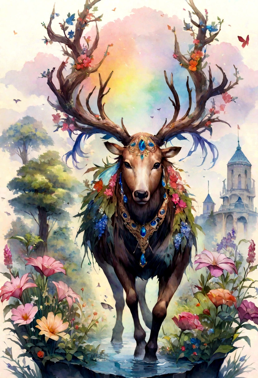 ink and watercolor painting,water ink,ink,Dirt,stream,Rainbow colors,jungle,Flowers,Deer,humid,smog,immortal,Vivid colors,Ultra-fine,Surreal,Ultra-photorealism,masterpiece,8K,focus on,Bokeh,More about pubic hair,Hyper Detail,high quality,High resolution,Cinematic Perspective