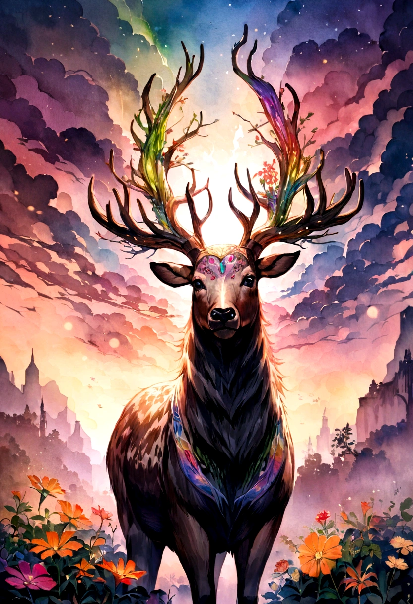 ink and watercolor painting,water ink,ink,Dirt,stream,Rainbow colors,jungle,Flowers,Deer,humid,smog,immortal,Vivid colors,Ultra-fine,Surreal,Ultra-photorealism,masterpiece,8K,focus on,Bokeh,More about pubic hair,Hyper Detail,high quality,High resolution,Cinematic Perspective