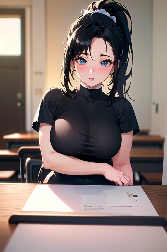 20 years old,1 girl, extremely thick thighs, hyperrealistic, 8k, (extremely detailed 8k), (very delicate and beautiful), (masterpiece), (better quality:1.0), (ultra high resolution:1.0), (masterpiece, best quality), cute,black hair,big breasts,,ponytail,upper body,POV,school teacher