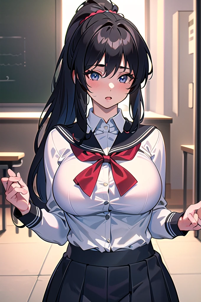 20 years old,1 girl, extremely thick thighs, hyperrealistic, 8k, (extremely detailed 8k), (very delicate and beautiful), (masterpiece), (better quality:1.0), (ultra high resolution:1.0), (masterpiece, best quality), cute,black hair,big breasts,,ponytail,upper body,POV,school teacher