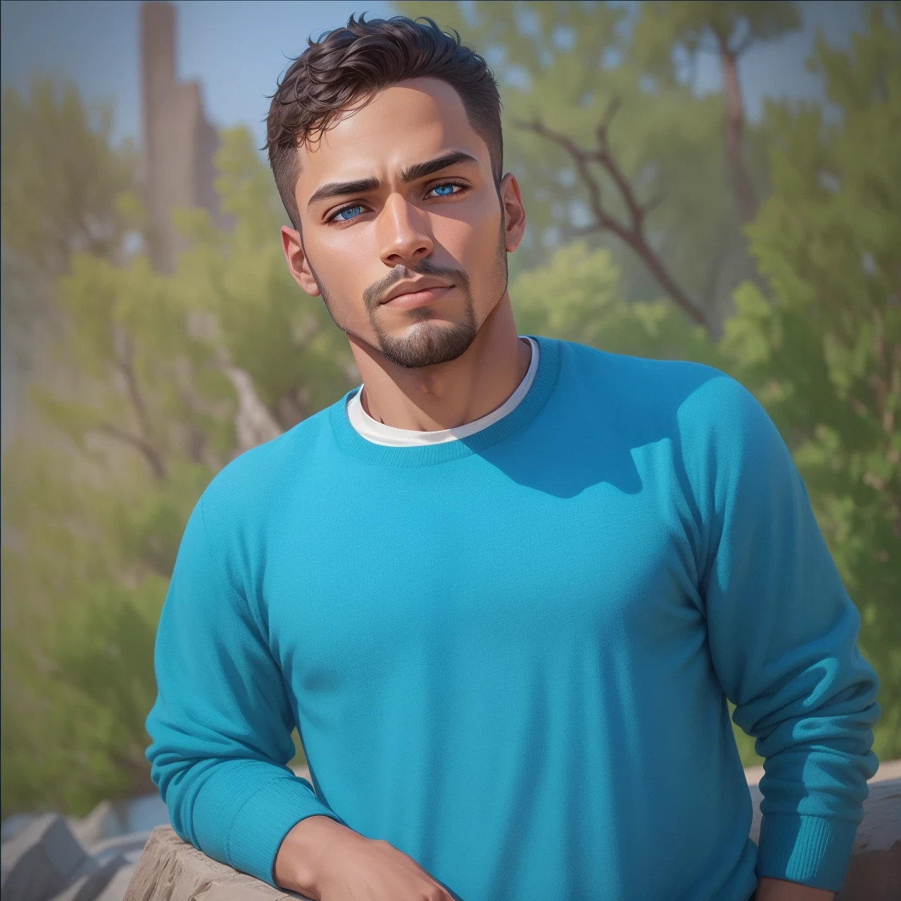 A handsome man looking forward with brown skin with blue eyes in a vast black environment and with a serious but sad look looking at the sky seeing the stars shining softly 1080k realistic HDR lots of quality