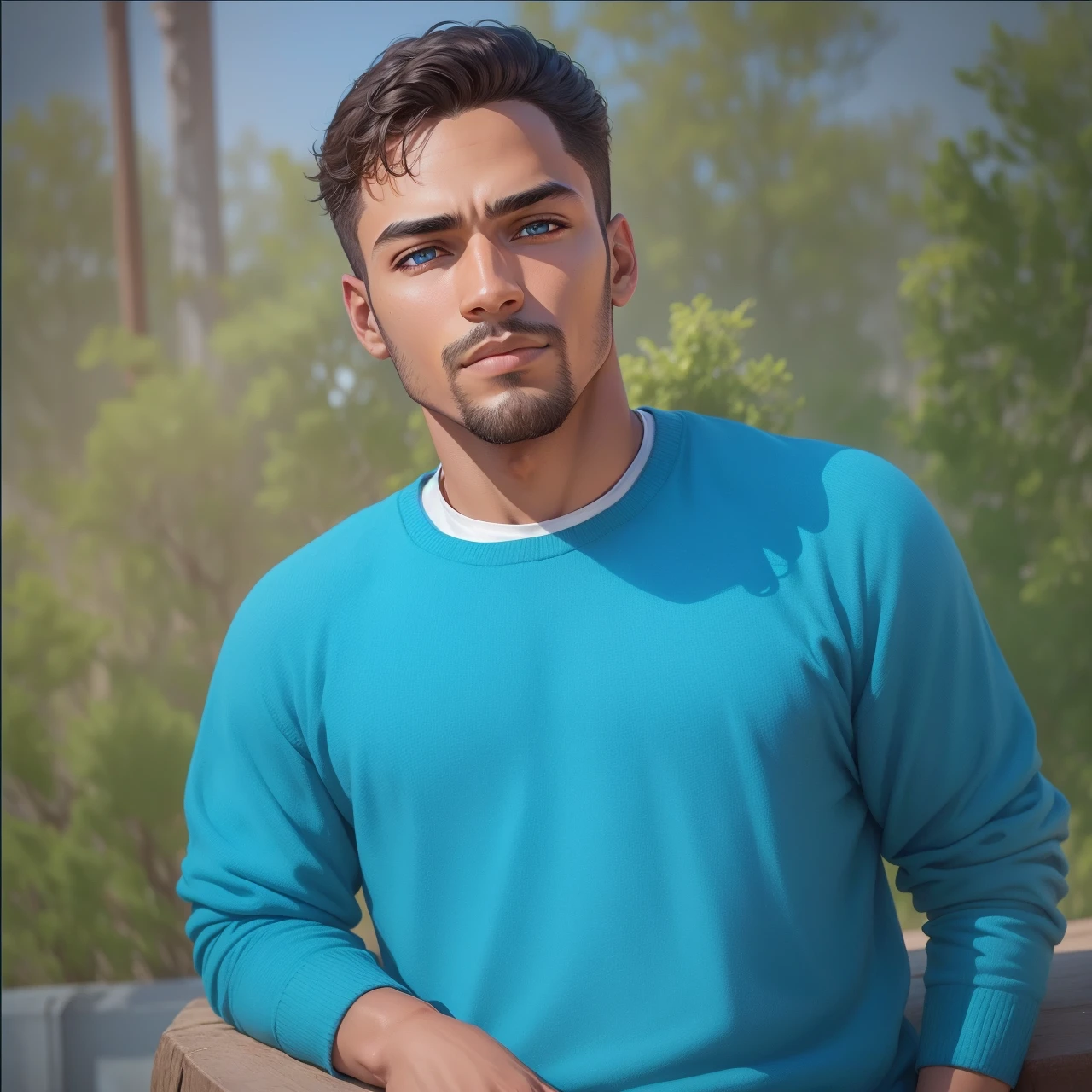 A handsome man looking forward with brown skin with blue eyes in a vast black environment and with a serious but sad look looking at the sky seeing the stars shining softly 1080k realistic HDR lots of quality