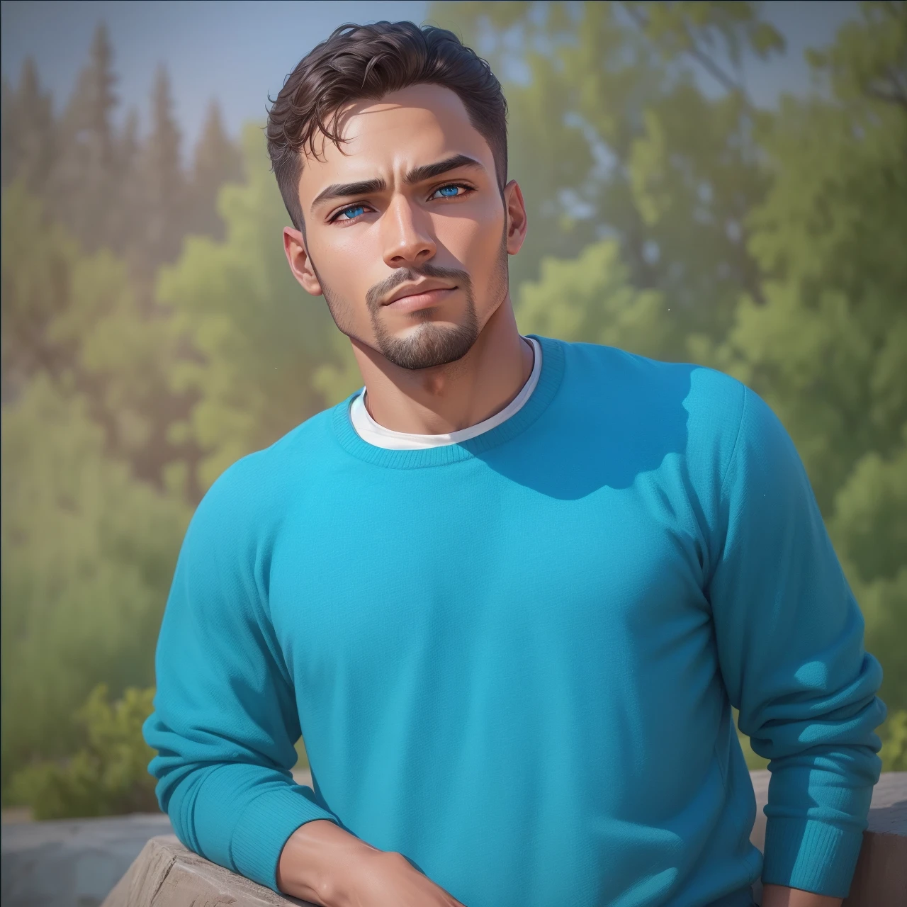 A handsome man looking forward with brown skin with blue eyes in a vast black environment and with a serious but sad look looking at the sky seeing the stars shining softly 1080k realistic HDR lots of quality