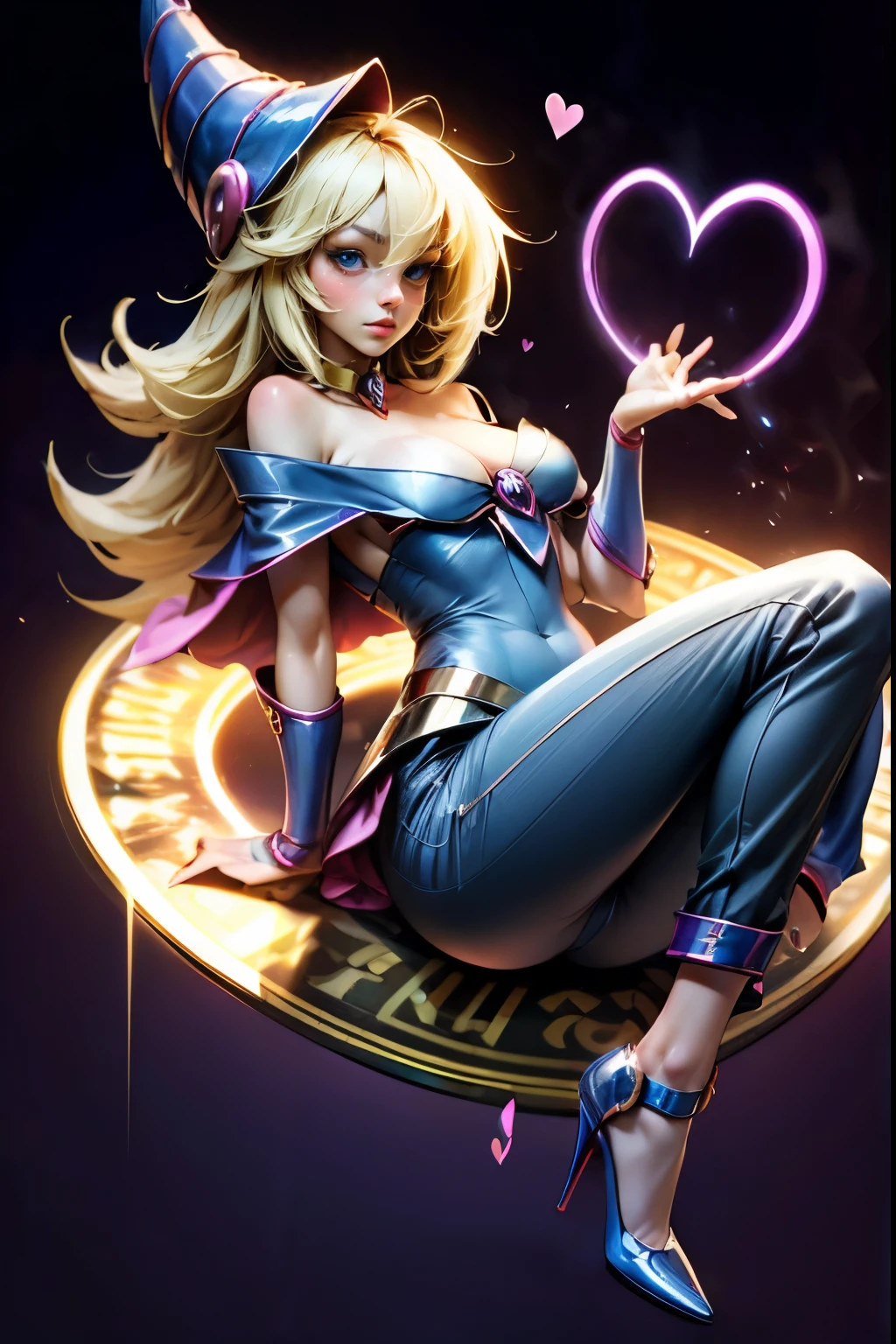 dark magician gils, with high-heels. pants,  sexy, Subjective and sensual pose. magic background. Magical heart in the air. magic circle 