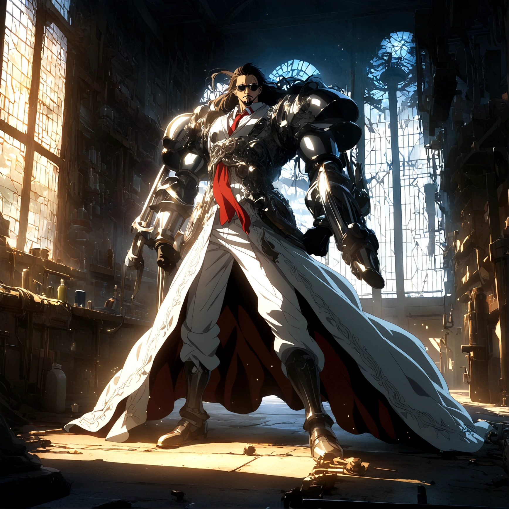 Male, slim body, long hair, white suit, red tie, sunglasses, goatee, black gloves, serious expression, white metal arms, laboratory background, One Piece-inspired anime lines, drenched in dramatic and incredible lighting, dramatic lighting, infused with creative details, ultra-fine 2D design, scenery bathed in creativity, bathed in creativity, boasting HD anime resolution clarity, HD anime graphics, high-octane rendering