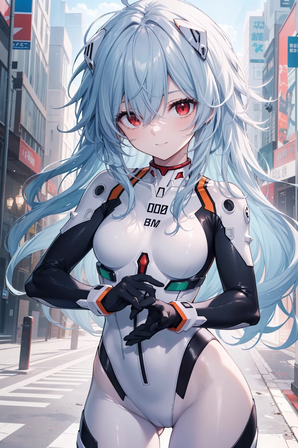 reiayanami, Rei Ayanami, Blue hair,(Long_messy_hair:1.4), (Red Eyes:1.5),light_smile,(half_eye:1.4)
BREAK bodysuit, headgear, plugsuit, White bodysuit,cowboy_shot,
BREAK outdoors, city,
BREAK looking at viewer, 
BREAK (masutepiece:1.2), Best Quality, High resolution, Unity 8k Wallpaper, (Illustration:0.8), (Beautiful detailed eyes:1.6), extra detailed face, Perfect Lighting, extremely details CG, (Perfect hands, Perfect Anatomy),