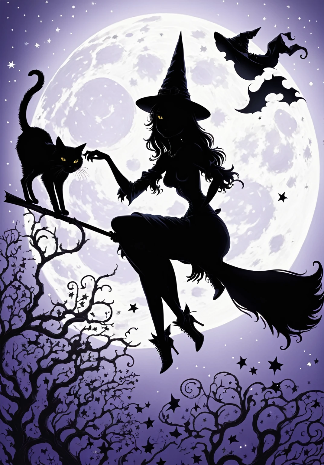 ((best quality)), ((masterpiece)), (detailed), 2d flat illustration, a drawing, a black silhouette of a very beautiful witch, very detailed anatomically correct body, she wears a big black witch’s hat, a black cat is near her, moon and stars are behind her, no background