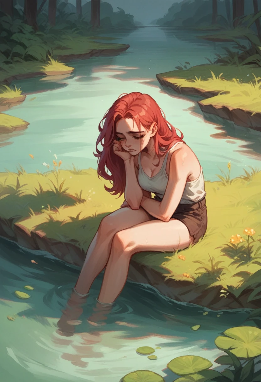 reddish-haired woman with sad look, sitting on the bank of a river naked