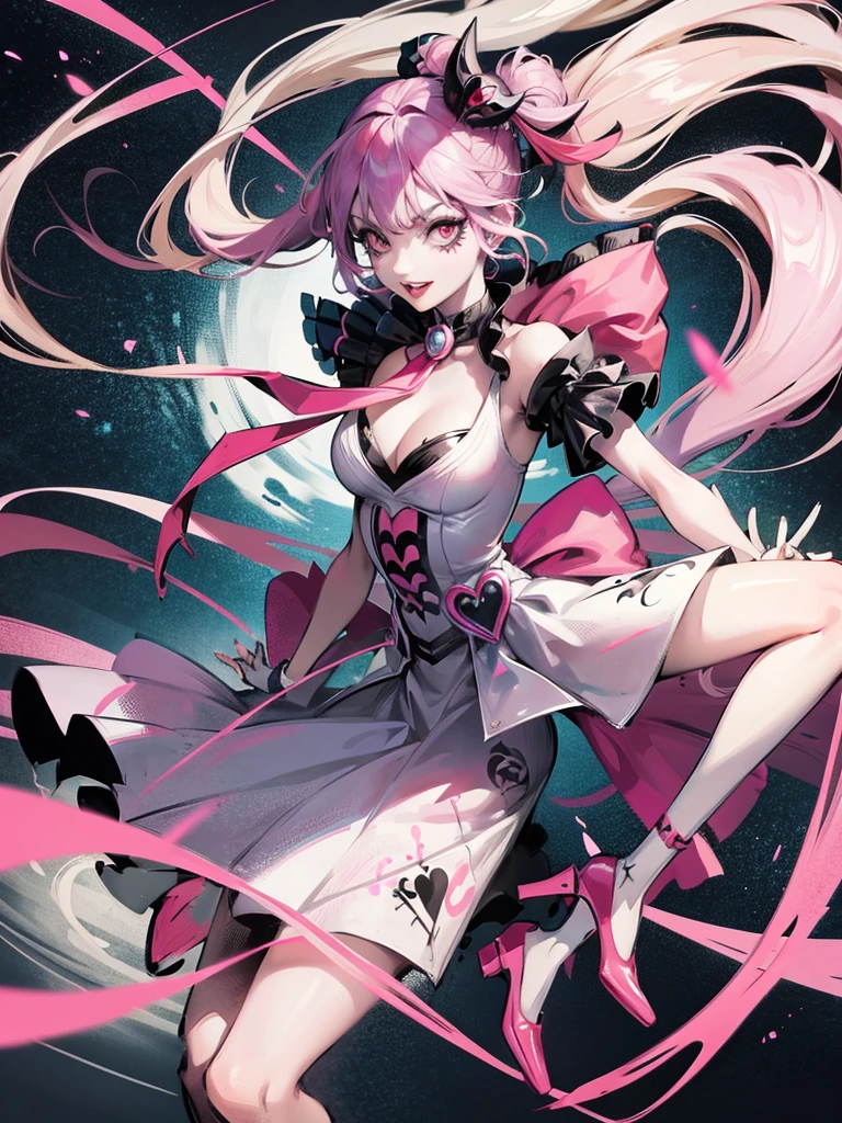 A full body anime girl joker inspired by Harley Quinn with a amazing dress design with pink coloured eyes and grey hairs



