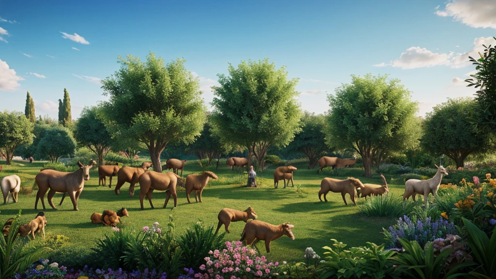 Adam in the Garden of Eden naming the animals, Ultrarealistic, 4k