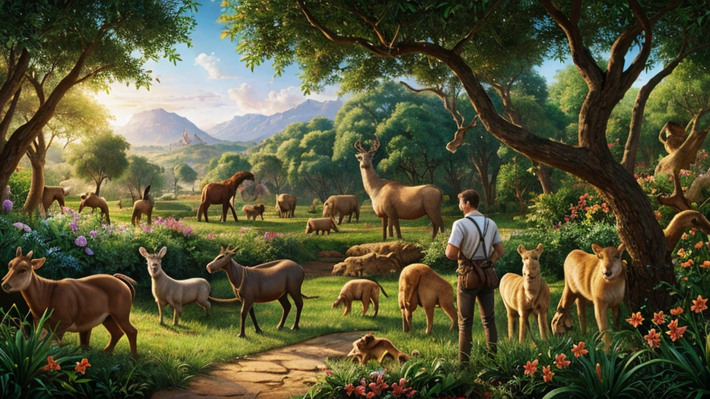 Adam in the Garden of Eden naming the animals, Ultrarealistic, 4k