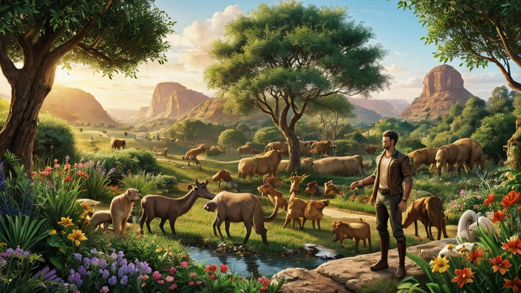 Adam in the Garden of Eden naming the animals, Ultrarealistic, 4k