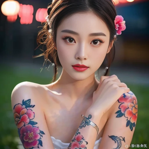 a close up of a woman with a flower tattoo on her arm, of taiwanese girl with tattoos, Chinese style, Asian girl with very large breasts measuring 36 inches, Chinese girl, Gorgeous Chinese model, with facial tattoo, Inspired by Xie Huan, oriental tattoos, floral tattoos, Hungry Ghost Festival, Season Wu, beautiful asian girl, tattoo, By Yang J, temporary tattoo, Inspiration from Wen Jia