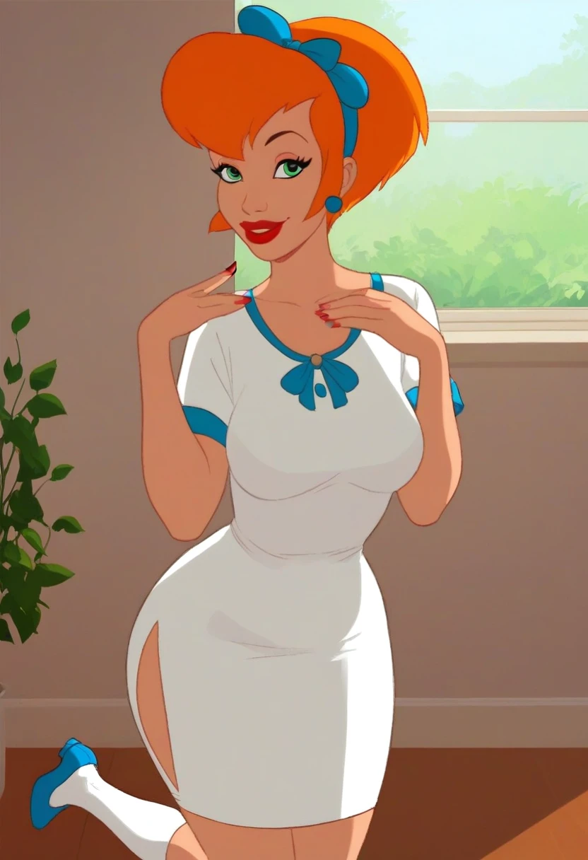 score_8, score_9, cecilia, 1 woman, adult female , mature woman body, solo, orange hair, short hair, green eyes, lips, red lipstik, long white dress, hairband, smile, indoors, white socks, blue shoes, in rich apartment, happy smile, standing, big breasts, sexy hips,